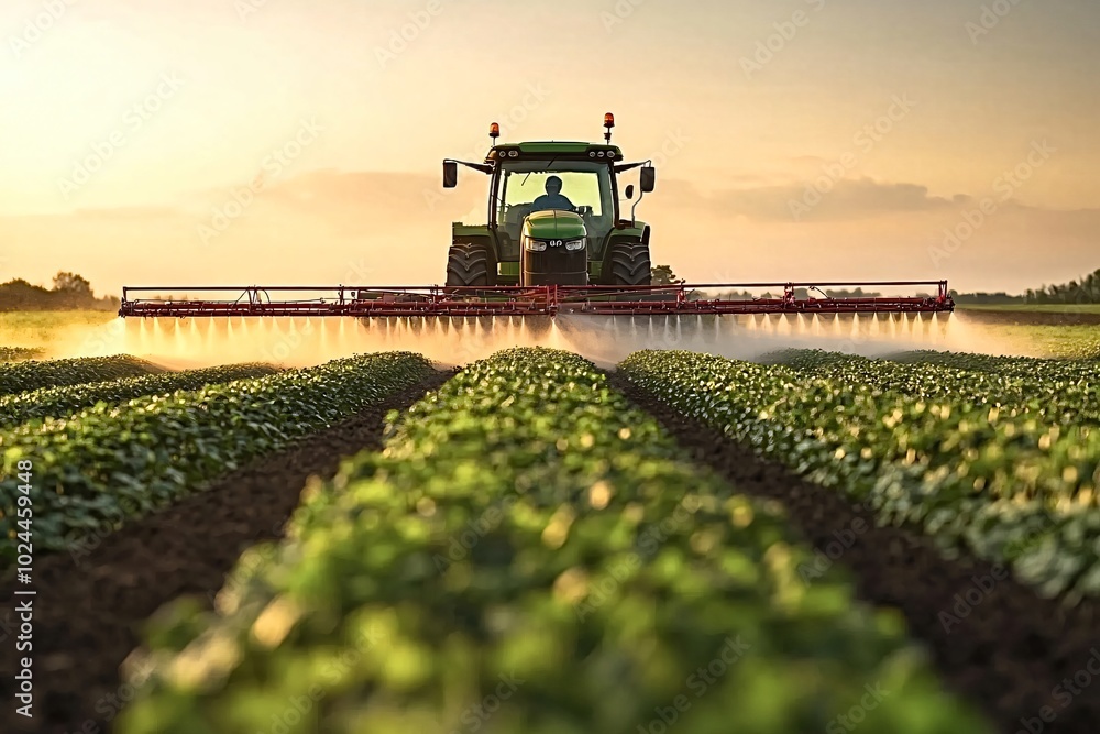 Modern farmer is spraying his crops of sugar beets to protect them from pests and diseases. The sun is setting in the background, creating a warm glow Modern farmer is spraying his crops of sugar beets to protect them from pests and diseases. The sun is setting in the background, creating a warm glow