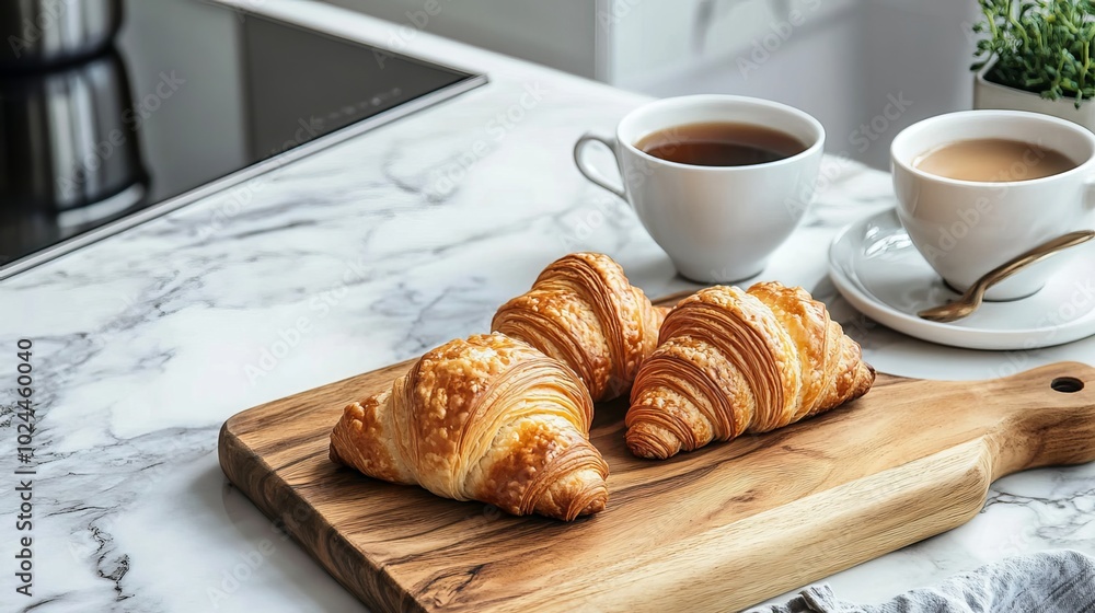 Rustic wooden board adorned with freshly baked croissants and a steaming cup of coffee greets you on a pristine marble countertop. Against a backdrop of a modern kitchen Rustic wooden board adorned with freshly baked croissants and a steaming cup of coffee greets you on a pristine marble countertop. Against a backdrop of a modern kitchen