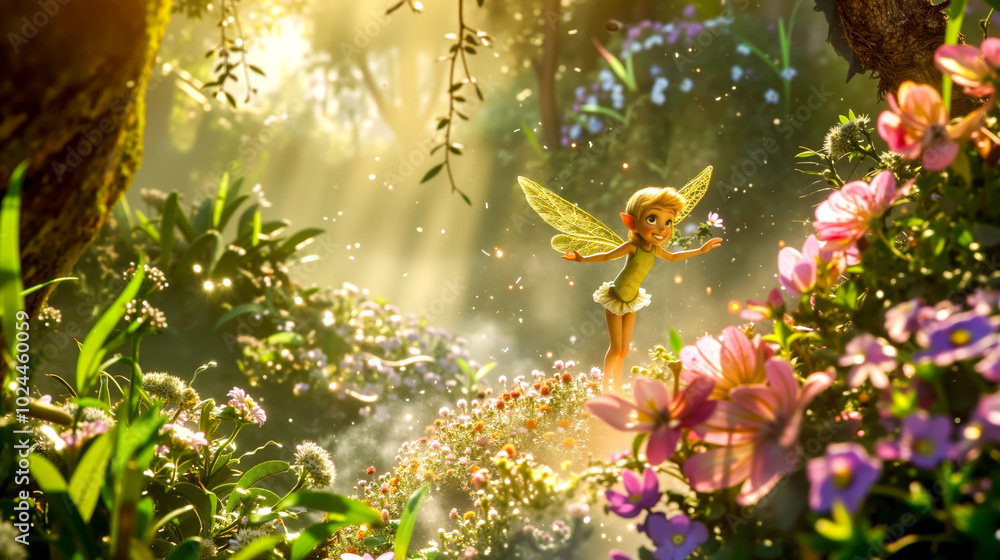 A little girl in a field of flowers in a forest A little girl in a field of flowers in a forest