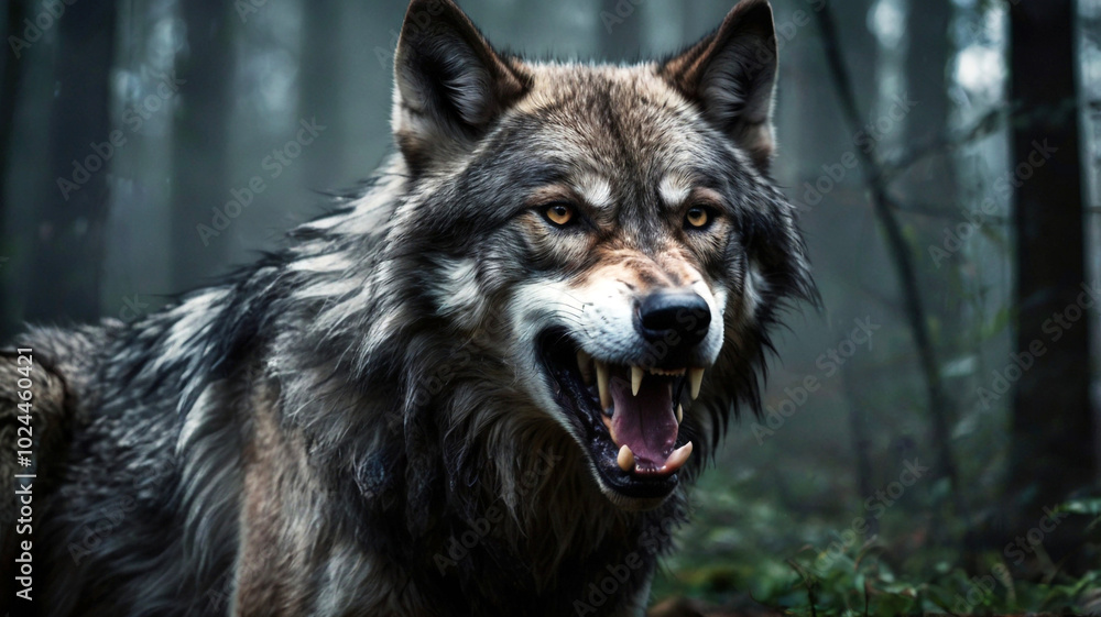 A powerful wolf bares its teeth in a snowy forest. A powerful wolf bares its teeth in a snowy forest.