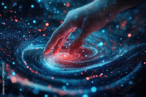 A hand hovers above a swirling digital interface made of glowing blue and red particles