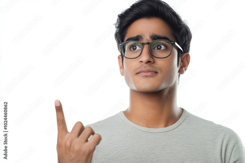 Young man with dark hair and glasses, looks up, with a thoughtful expression and points finger towards the right Young man with dark hair and glasses, looks up, with a thoughtful expression and points finger towards the right