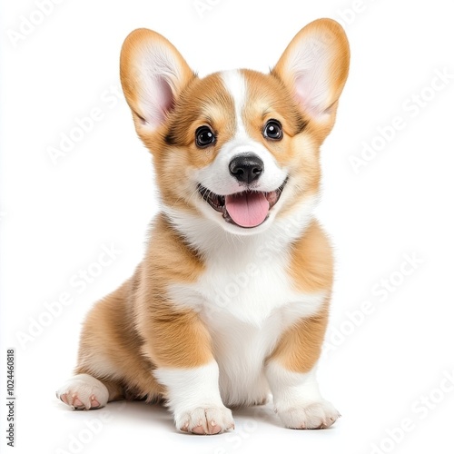 A happy and adorable Corgi puppy sitting with its tongue out, ears perked up and its short legs