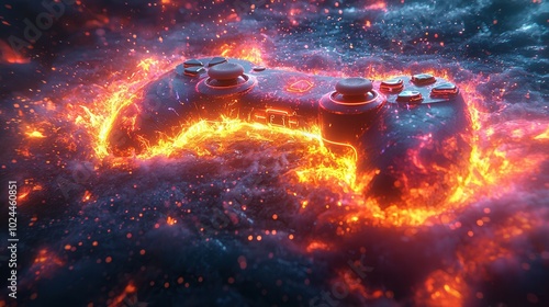 A gaming controller surrounded by flames and glowing sparks, creating a dynamic and energetic atmosphere. The controller looks futuristic and powerful.
