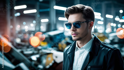 A man confidently sports safety glasses in an industrial setting.