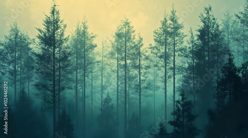 A Misty Forest of Tall Pine Trees with a Yellow Sky