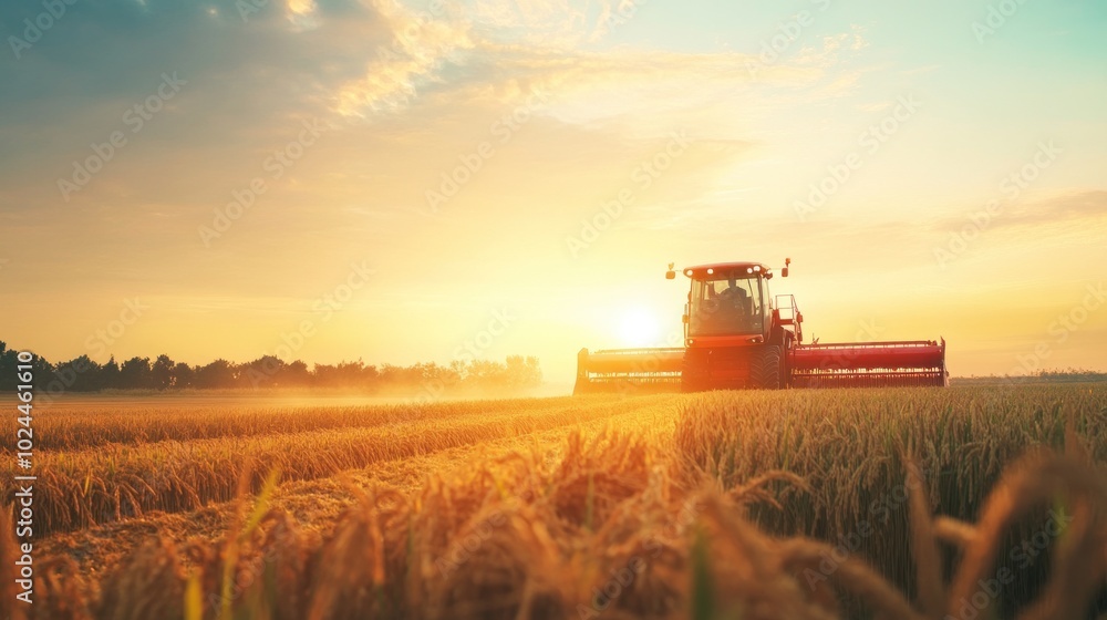 A red combine harvester working in a field of golden wheat at sunset A red combine harvester working in a field of golden wheat at sunset