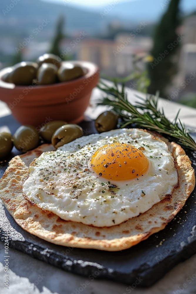Pan plano con un huevo frito encima, acompañado de aceitunas en un cuenco de terracota.
Pan plano con un huevo frito encima, acompañado de aceitunas en un cuenco de terracota.