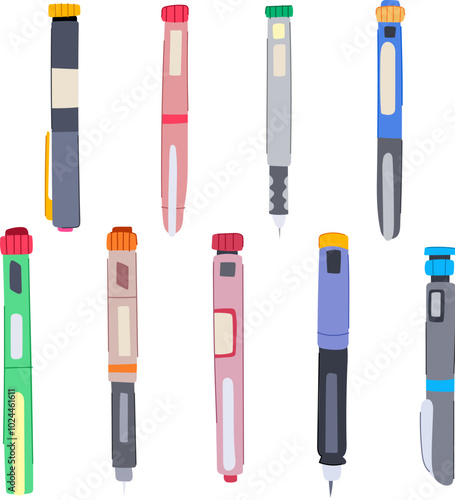 insulin pen set cartoon. cartridge dosage, convenient therapy, glucose control insulin pen sign. isolated symbol vector illustration