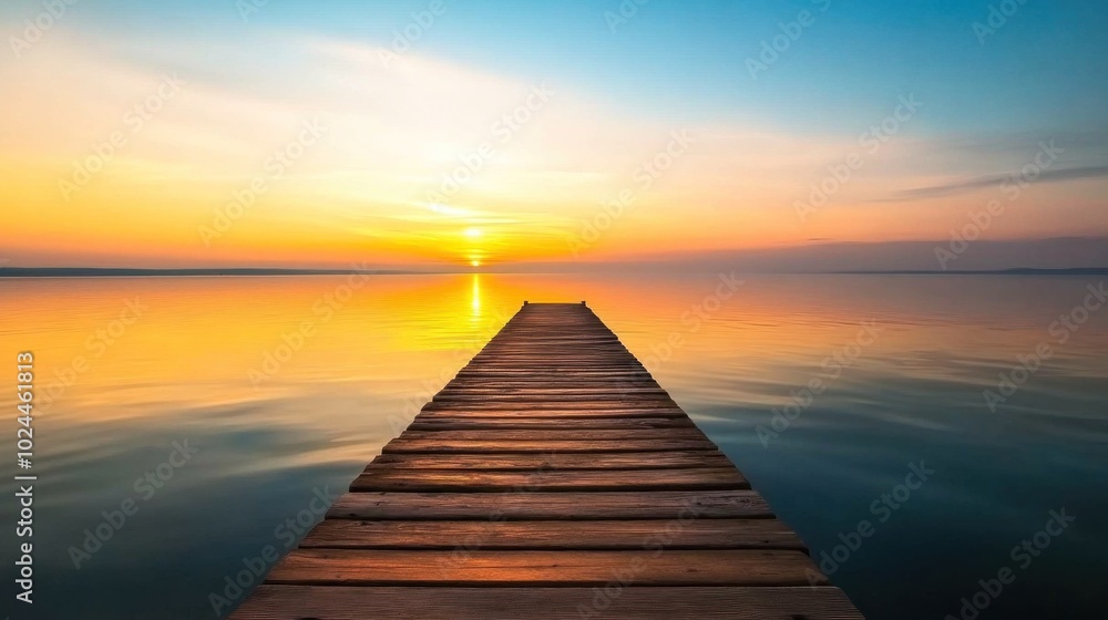 Obraz premium A wooden dock stretches out into a calm lake, leading towards 