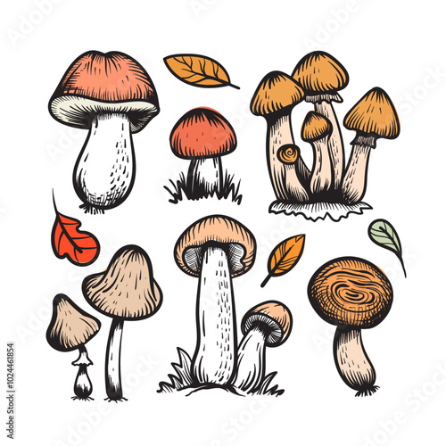 Mushroom varieties graphic illustration. Vector illustration.