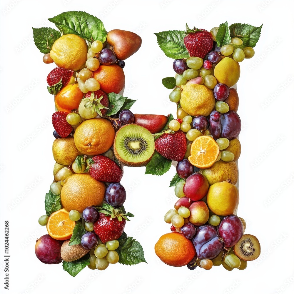 A vibrant letter 'H' composed of various fruits and leaves, showcasing a colorful arrangement. A vibrant letter 'H' composed of various fruits and leaves, showcasing a colorful arrangement.