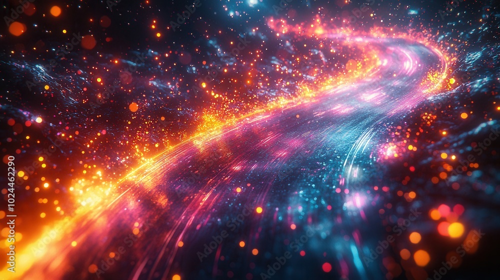 An abstract illustration of a cosmic scene filled with colorful lights and swirls, creating a sense of movement and depth. An abstract illustration of a cosmic scene filled with colorful lights and swirls, creating a sense of movement and depth.