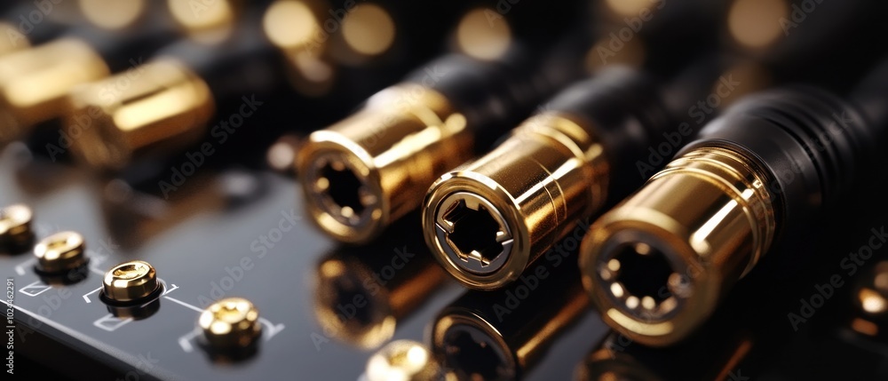 Close-up of gold-plated audio connectors on a black surface. Close-up of gold-plated audio connectors on a black surface.