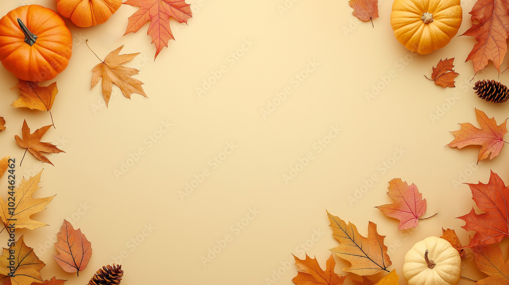 Autumn Background with Pumpkins and Leaves on Beige for Seasonal Designs with Copy Space Autumn Background with Pumpkins and Leaves on Beige for Seasonal Designs with Copy Space