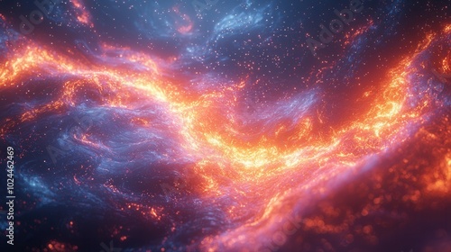 An abstract representation of cosmic waves featuring fiery orange and blue tones weaving through a star-studded background.