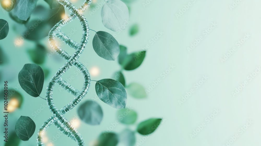 A DNA double helix strand with nature and a combination of molecular science green leaves and glowing lights o A DNA double helix strand with nature and a combination of molecular science green leaves and glowing lights o