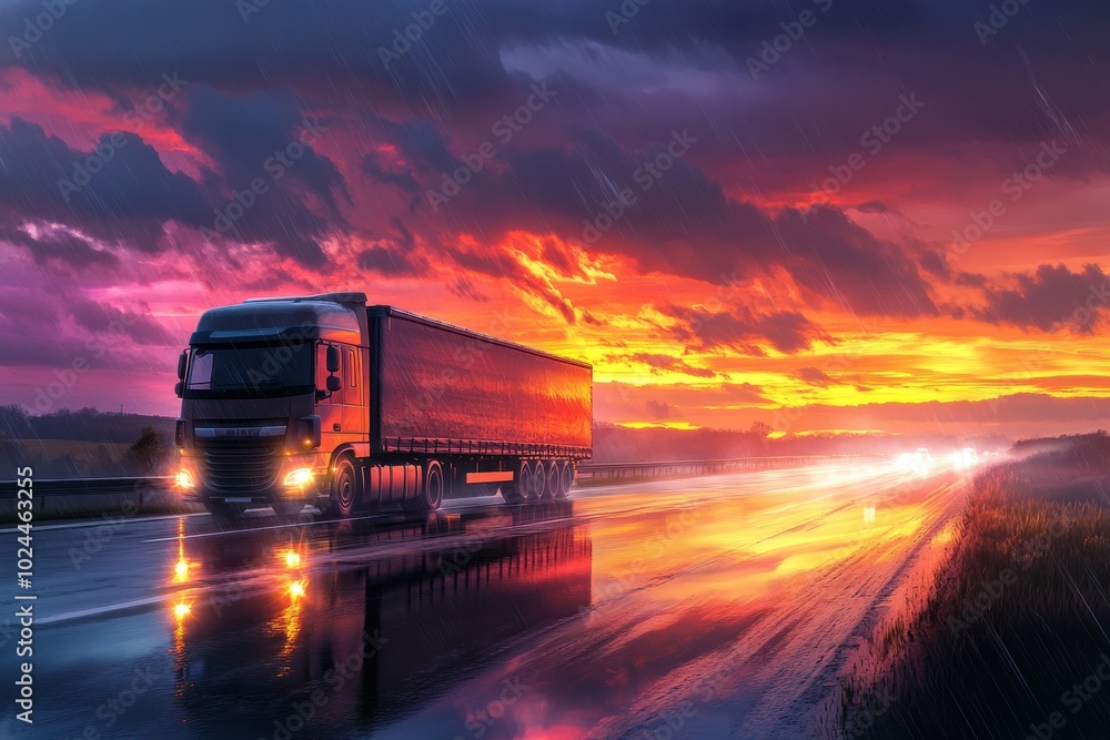 A large truck is driving on a wet highway at dusk, with the sun setting in the background, painting A large truck is driving on a wet highway at dusk, with the sun setting in the background, painting