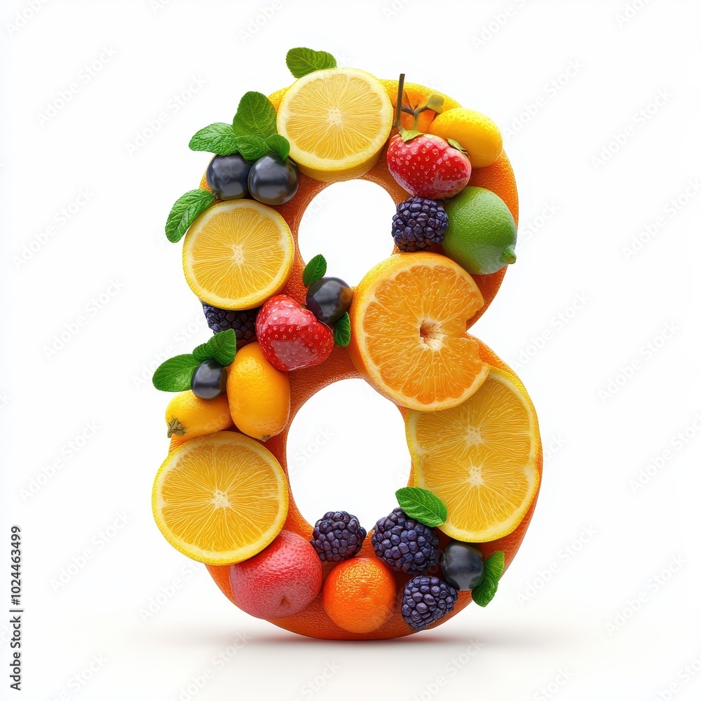 A vibrant number 8 formed with assorted fruits, showcasing a colorful and healthy arrangement. A vibrant number 8 formed with assorted fruits, showcasing a colorful and healthy arrangement.