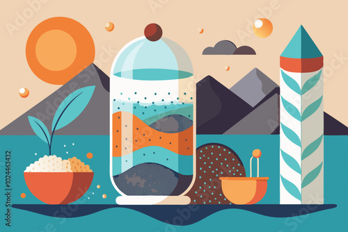 Minimalist art with chia seed water and mountains in geometric design