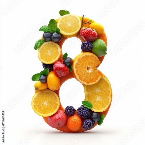 A vibrant number 8 formed with assorted fruits, showcasing a colorful and healthy arrangement.