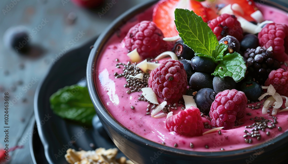 vibrant pink smoothie bowl topped with fresh raspberries, blueberries, strawberries, and a sprig of mint. vibrant pink smoothie bowl topped with fresh raspberries, blueberries, strawberries, and a sprig of mint.