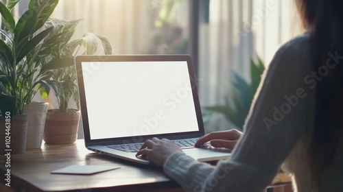 Woman working on laptop with blank screen in home office