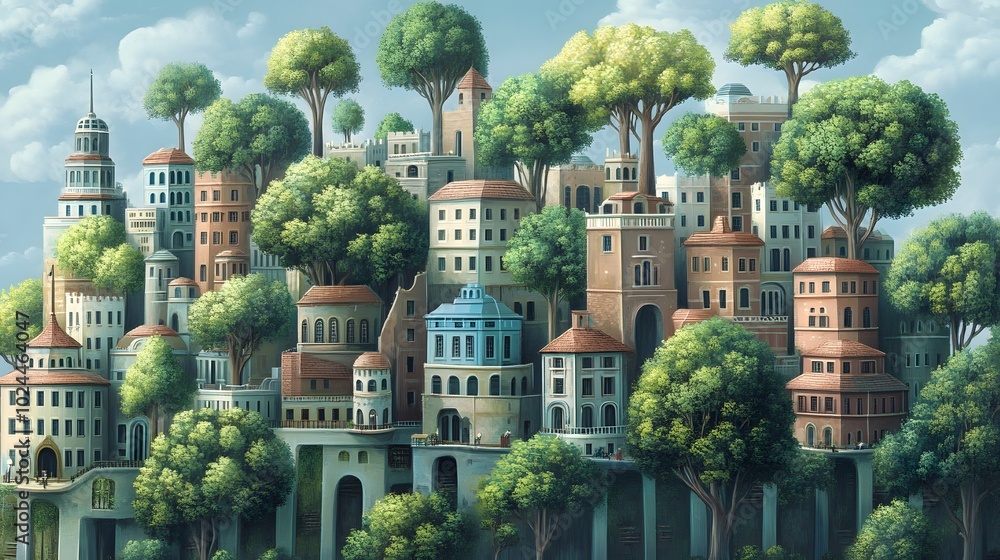 Naklejka premium A Surreal Cityscape with Buildings Intertwined with Trees