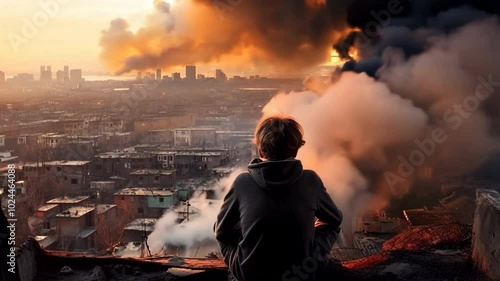 a lonely child sits with his back and sees a city destroyed by war. a child without a family in the ruins. The city is on fire after an airstrike by an enemy aggressor country. Generative AI