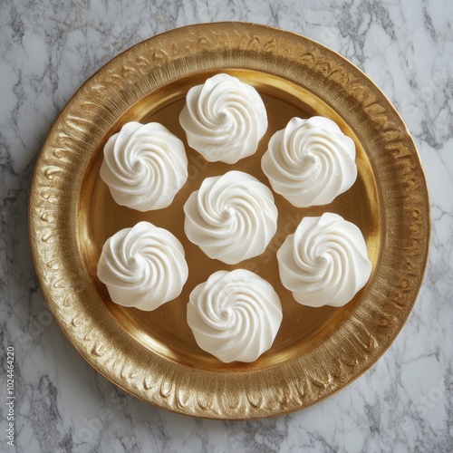 A luxurious golden plate presenting seven neatly arranged meringue cookies