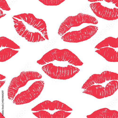 Seamless pattern Red lipstick kiss on white background. flat illustration for design. Printing of the lips. For print, fabric, invitation, brochure, card, wallpaper