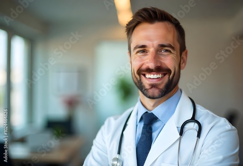 A closeup image of a smiling male doctor in a white coat with a stethoscope around his neck, set against a blurred hospital background.