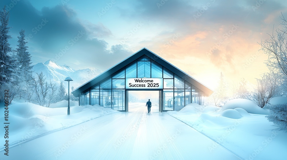 Man Walking Towards Modern Building With Welcome Success 2025 Sign in Snowy Landscape Man Walking Towards Modern Building With Welcome Success 2025 Sign in Snowy Landscape