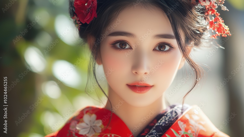 Naklejka premium Traditional Japanese Woman in Red Kimono with Makeup. Beautiful Japanese woman wearing a traditional red kimono with elegant makeup set against a serene natural backdrop showcasing cultural heritage