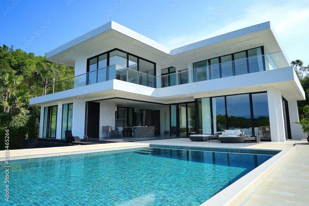 Fototapeta premium A luxurious, modern two-story home with clean white walls and expansive glass windows