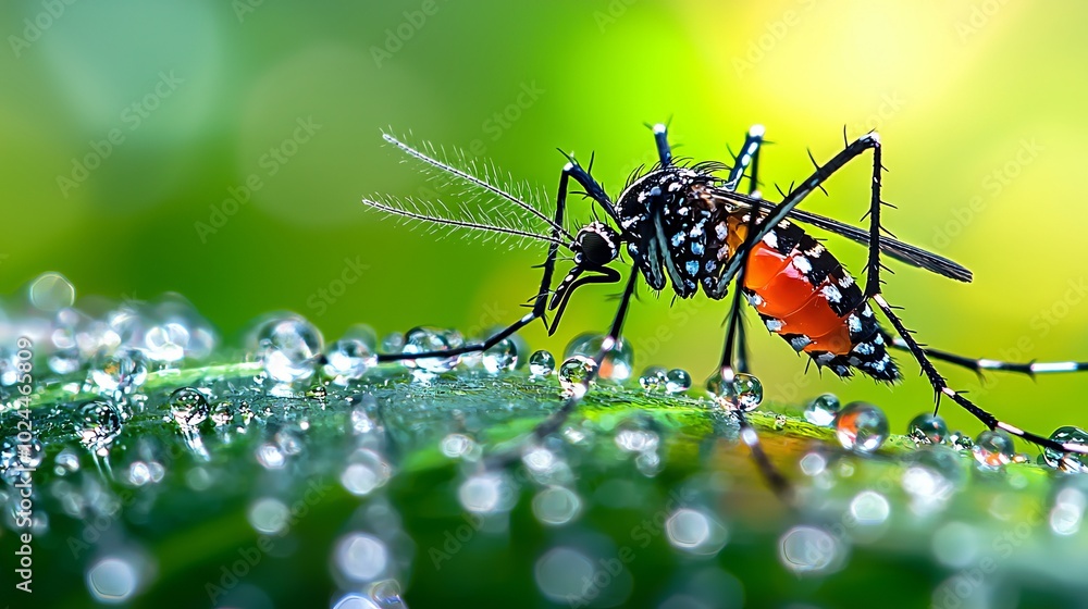 Fototapeta premium Close-up of a mosquito on a dewy leaf with colorful background