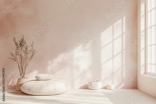 Sunny interior scene with cozy cushion and decorative plants