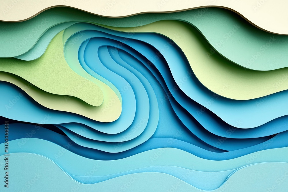 Fototapeta premium Abstract Papercut Design with Layered Blue, Green, and Beige Waves