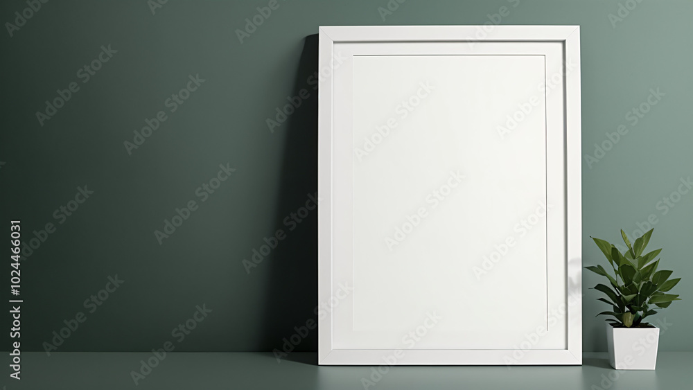 white frame on a table with a plant