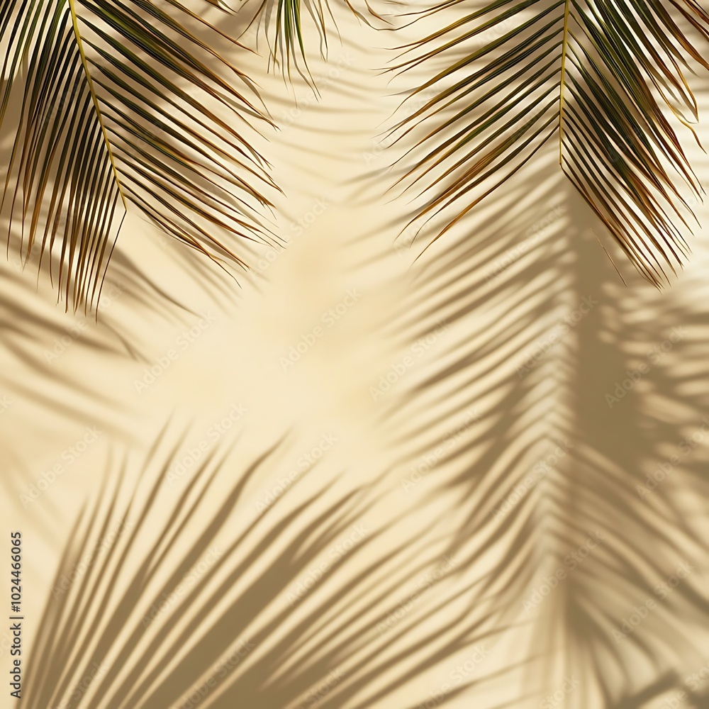 Obraz premium Sand and shadow on the beach from palm leaves. Beige static texture. Template for travel and package design. 