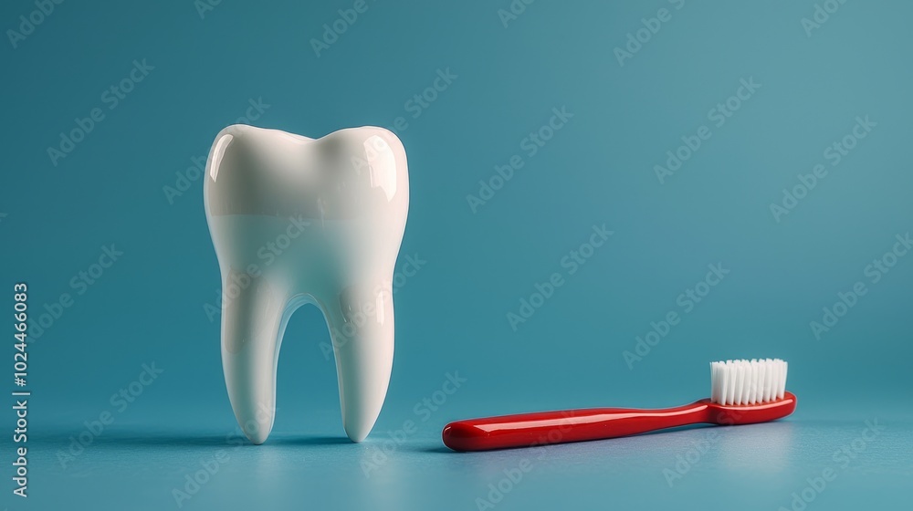 Tooth model and toothbrush placed together on a clean surface Tooth model and toothbrush placed together on a clean surface