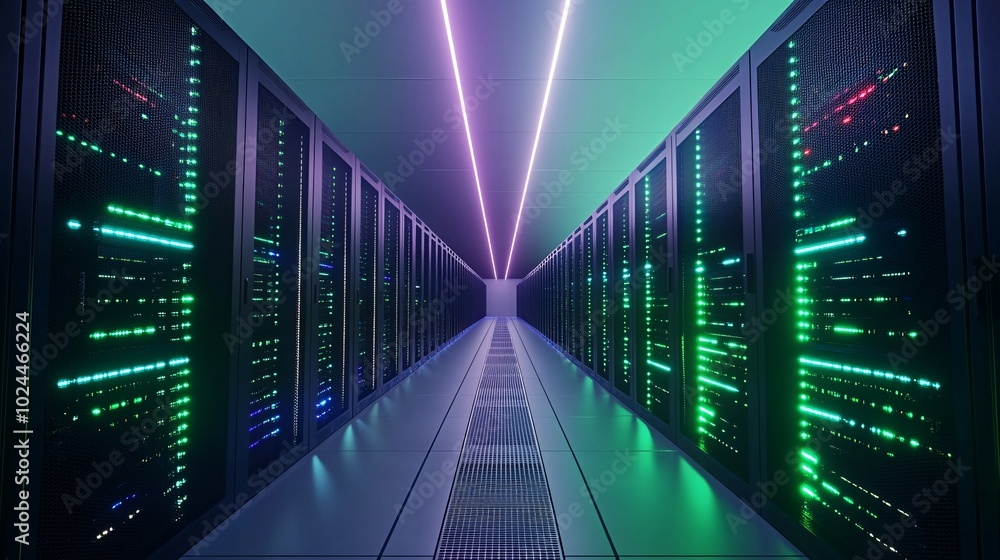 Futuristic data center interior with illuminated server racks, vibrant green and blue lights, and a sleek, high-tech ambiance. Futuristic data center interior with illuminated server racks, vibrant green and blue lights, and a sleek, high-tech ambiance.