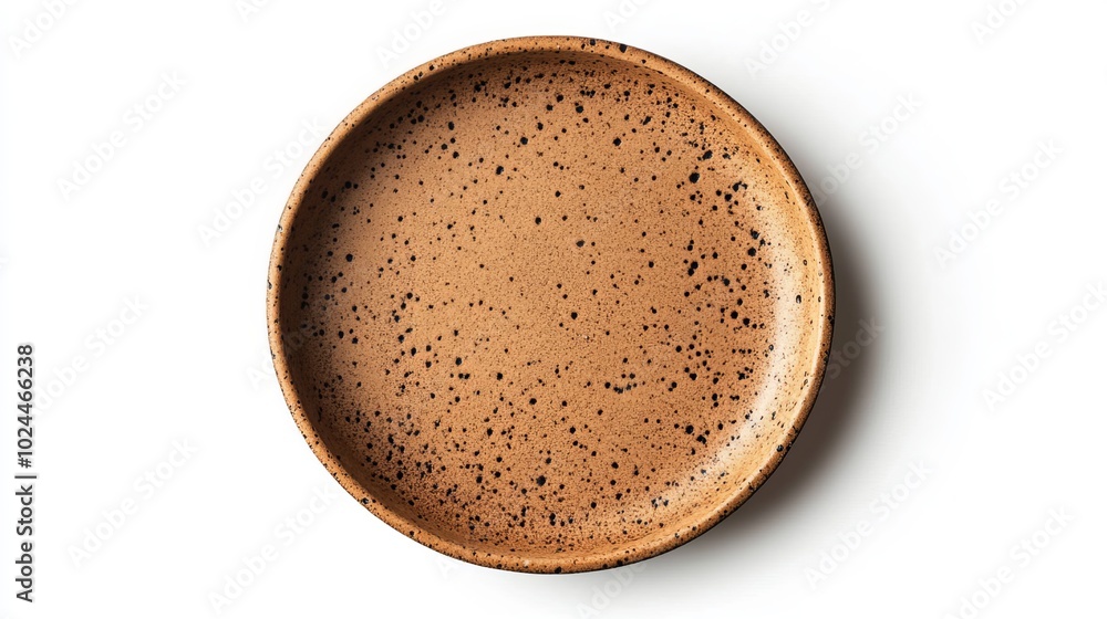 Top-down perspective of a shallow, round, brown plate with irregular black specks. The plate is empty and is set against a white backdrop. The photograph includes a clipping path for easy extraction. Top-down perspective of a shallow, round, brown plate with irregular black specks. The plate is empty and is set against a white backdrop. The photograph includes a clipping path for easy extraction.