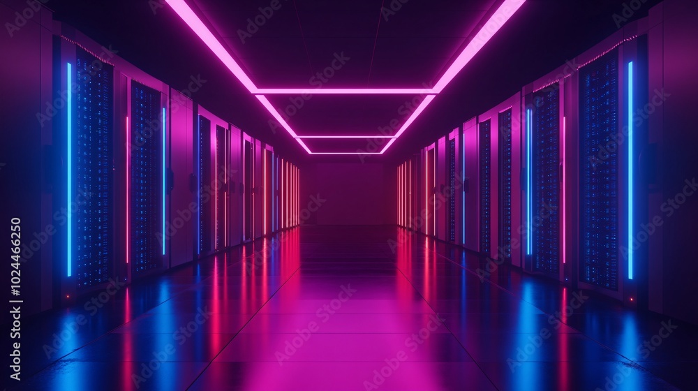 Fototapeta premium A sleek, modern server room illuminated with vibrant pink and blue lights, featuring rows of high-tech servers in a futuristic corridor.