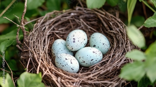 Nests with duck eggs, Easter symbols.