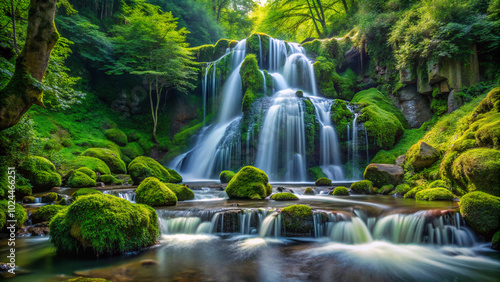 waterfall in the forest. waterfall, water, nature, stream, river, cascade, landscape, forest, falls, rock, fall, green, stone, park, flowing, flow, fresh, tropical, tree, waterfalls, mountain, natural