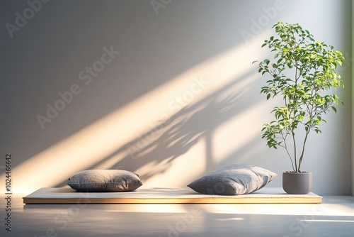 Minimalist indoor relaxation space with cushy pillows and plant.