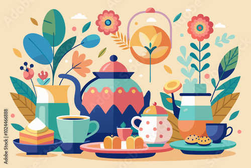 Elegant abstract minimalist tea party scene with floral accents and desserts