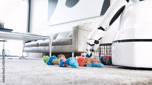 Robot Picking Up Dog Toys in a Living Room. Close-up of a white plastic robot picking up scattered dog toys in a living room. The robot’s hand grabs a squeaky toy, placing it into a basket.