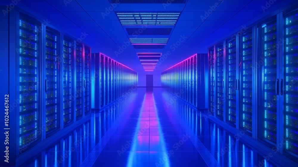 Futuristic data center corridor illuminated by blue and pink lights, showcasing rows of servers and advanced technology. Futuristic data center corridor illuminated by blue and pink lights, showcasing rows of servers and advanced technology.